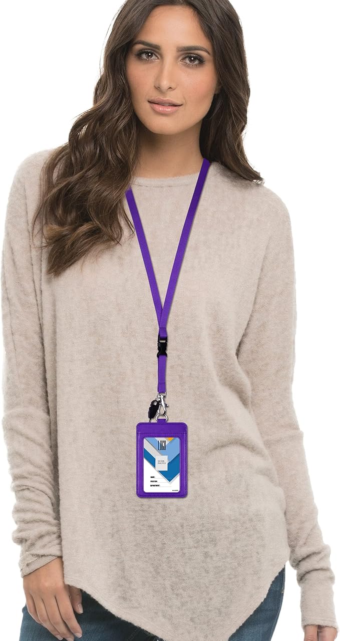 Badge Holder, Wisdompro School Supply 2-Sided PU Leather College ID Badge Card Holder Wallet Case with 1 Clear ID Window and 1 Credit Card Slot and 22 Inch Detachable Neck Lanyard - Purple (Vertical)