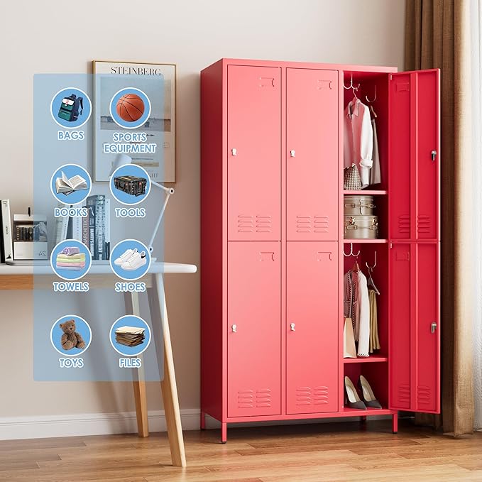 Metal Lockers for Employees with 6 Doors and 18 Hooks, 72”H Storage Locker with Card Slot for Office Gym School Bedroom, Red, Assembly Required
