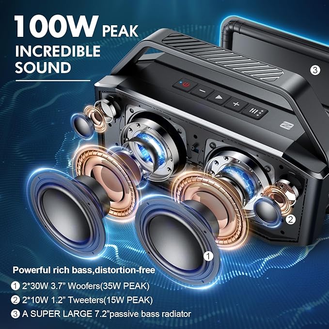 W-KING Portable Loud Bluetooth Speaker, 100W Max Waterproof Outdoor Speakers Bluetooth Wireless, IPX6 Party Big Large Speaker Boombox 2 Subwoofer-60W Exlarge Deep Bass Radiator/2 Pairing/40H/TF/AUX/EQ
