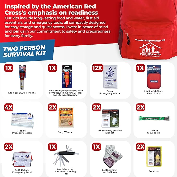 First My Family All-in-One Premium 2-Person Emergency Survival Kit | Hurricane & Earthquake Preparedness Supplies | Disaster Backpack with 72-Hour Survival Gear, First Aid, and More