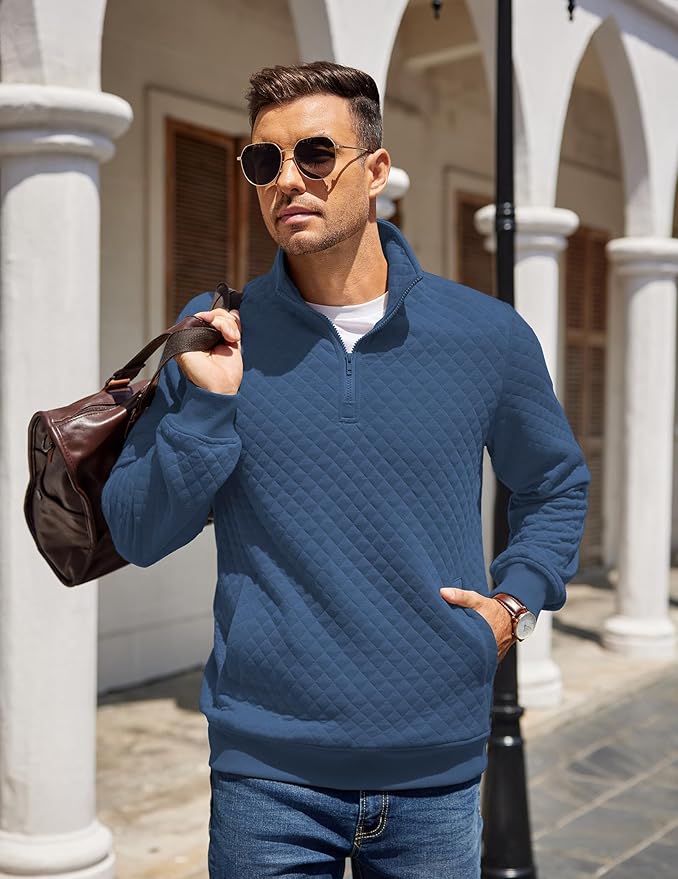 COOFANDY Mens Quarter Zip Pullover Quilted Sweatshirt Knit Long Sleeve Mock Neck Sweater Polo with Pocket