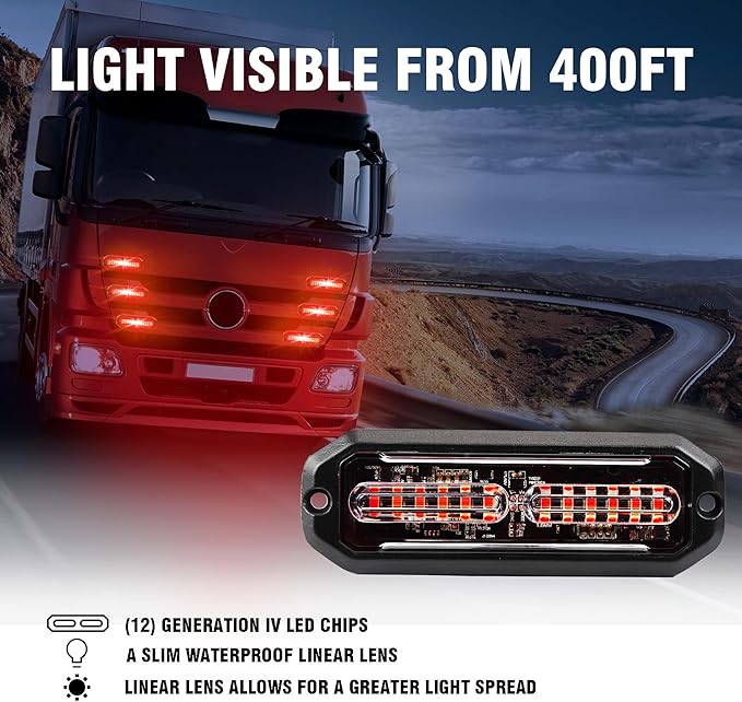 WINECO 8PCS LED Strobe Lights kit 12V Sync Feature Red 12LED Emergency Hazard Warning Lights with Strobe Controller for Trucks Vehicles ATV RV Cars Van