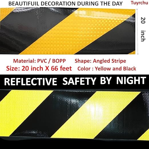 Reflective Tape Yellow and Black 20 Inch, Safety Caution Reflector Strips, Hazard Conspicuity Warning Adhesive Stickers (68 feet)