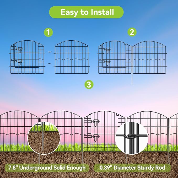 Decorative Garden Fence 6 Panels 12ft (L)×24in (H) No Dig Animal Barrier Fencing with 5 Panels + 1 Gate, Metal Garden Fences Rustproof Wire Border Temporary Dog Fence for Patio Outdoor Yard Lawn