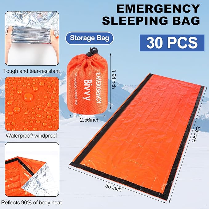 8 Pcs Portable Emergency Thermal Blanket Camping Sleeping Bag Solar Rechargeable Flashlight Emergency Safety Whistle Gloves Scarf Socks Beanie Set for Camping Hiking Travel Hunting(Orange)