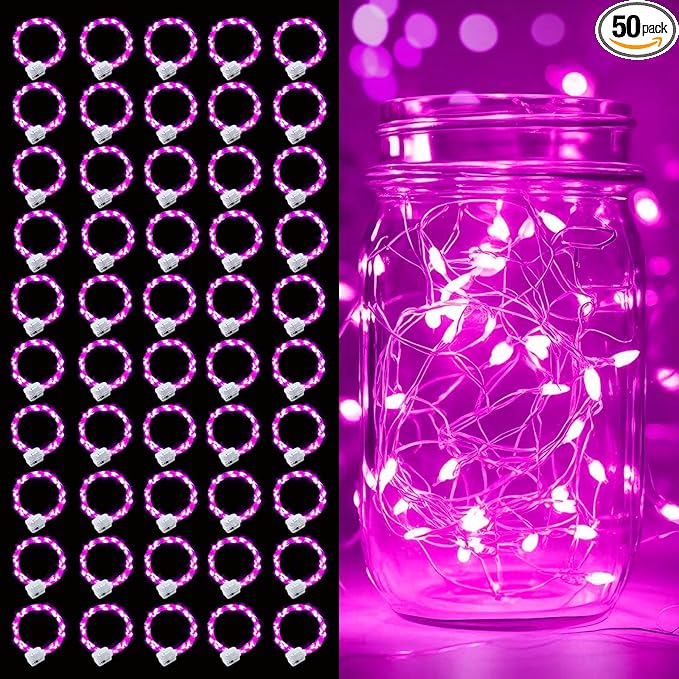 pozzolanas 50 Pack Pink Battery Operated String Lights - 7ft Waterproof Fairy Lights with 20 LEDs for Home, Mason Jar, Party, Wedding, Halloween, Christmas Decorations