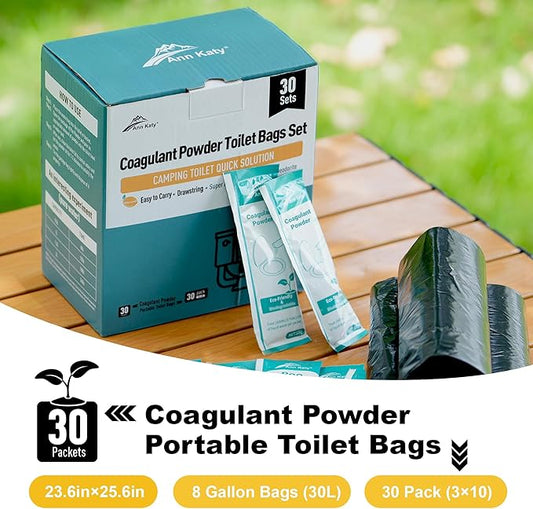 Super Absorbent Polymer 30 Packs,Portable & Fast-Absorbing Camp Toilet Chemicals Gel with 5 Gallon Bucket Toilet Luggable Drawstring Bag, Emergency Toilet Bag&Potty Gel