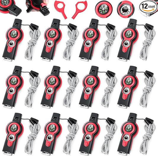 12 Pack Emergency Survival Whistle 7-in-1 Compass Hiking Survival Safety Whistle with Lanyard Outdoor Multifunctional Tool Ideal for Hiking Camping Rescue Signaling