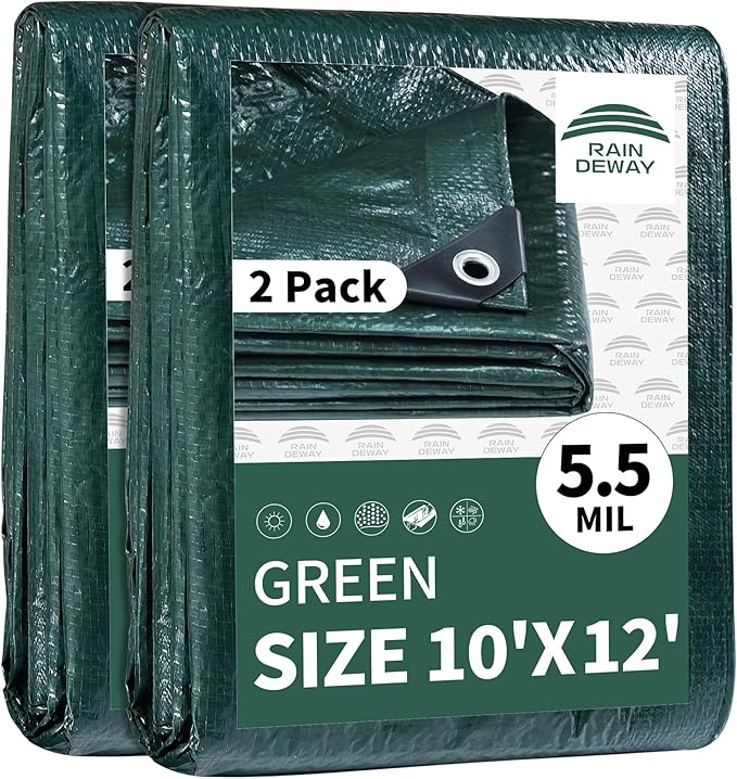 RAINDEWAY Tarps 10x12 Feet(2 Pack),Tarp Waterproof,5.5 Mil Thick, Multipurpose Waterproof Poly Tarp Cover with Metal Grommets and Reinforced Edges,Green Tarps