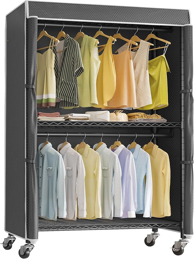 VIPEK R2C Plus Heavy Duty Rolling Garment Racks with Cover Clothing Rack for Hanging Clothes Portable Closet with Adjustable Wire Shelving & Double Rods, Black Rack with Black Upgarded Polyester Cover