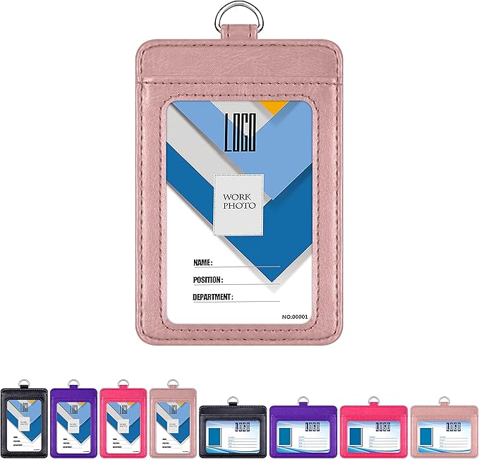 Badge Holder, Wisdompro 2-Sided PU Leather ID Badge Card Holder Wallet Case with 1 Clear ID Window and 1 Credit Card Slot and 22 Inch Quick Rlease Detachable Neck Lanyard Strap-Rose Gold (Vertical)