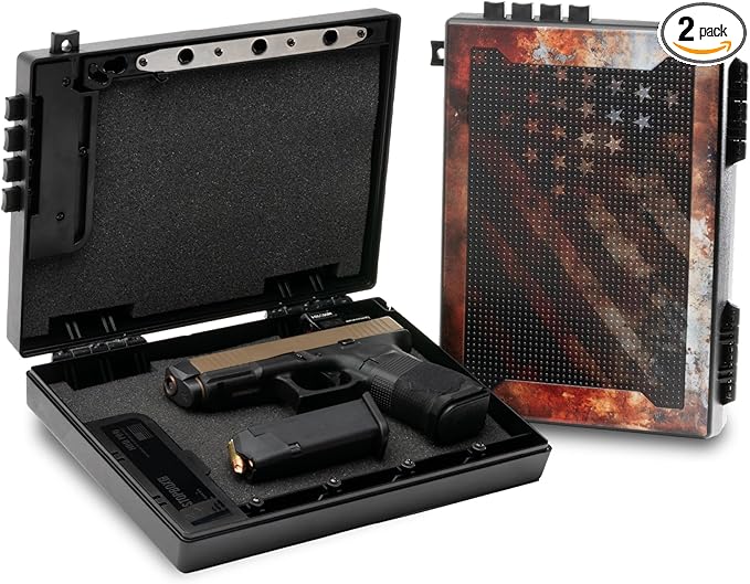 STOPBOX Gun Safe Alternative - Tactical Handgun Storage, Instant Access Portable Gun Case, TSA Compliant Gun Lock Box for Quick Handgun Access | RUSTIC FLAG + BLACK (2 Pack) | Full-Size Only