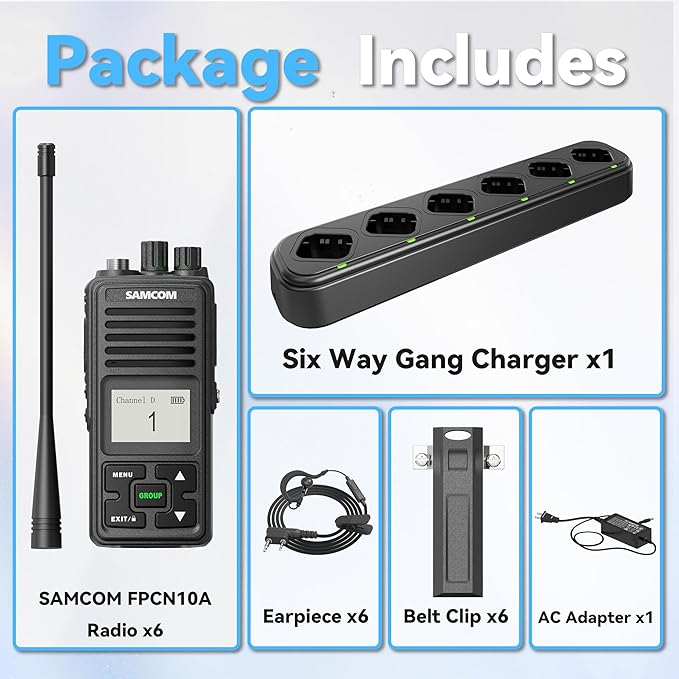 SAMCOM FPCN10A Walkie Talkies Rechargeable 3000mAh Hands Free 2 Way Radios Two-Way Radio(6 Pack) with 6 Way Multi Gang Charger