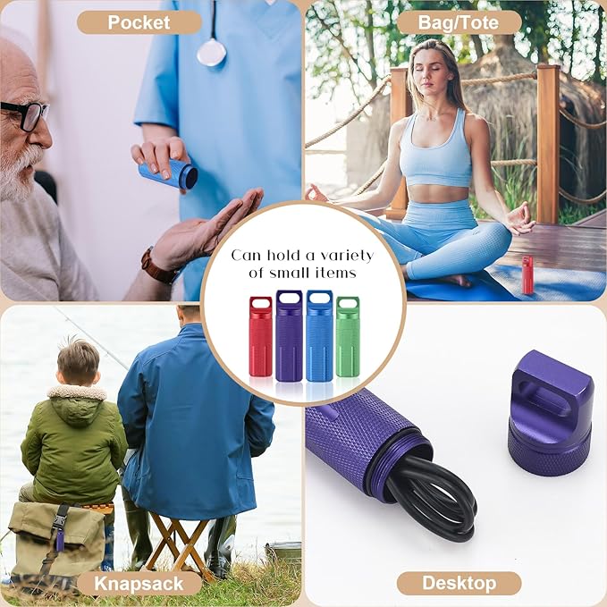 Patelai 4 Pcs Portable Keychain Pill Holder Pill Organizer Travel Waterproof Match Container Aluminum Airtight Keychain Container Travel Size Storage Supplements Holder for Outdoor Camping(Vibrant)