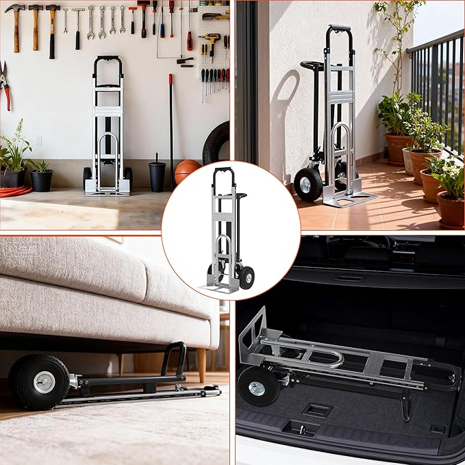 3in1 Convertible Hand Truck Dolly Cart, 880 lb Aluminum Hand Trucks Heavy Duty Furniture Appliance Dolly W/10 Wheels,Utility Cart for Transport & Moving Office, Home & Warehouse Use (Silver Black)