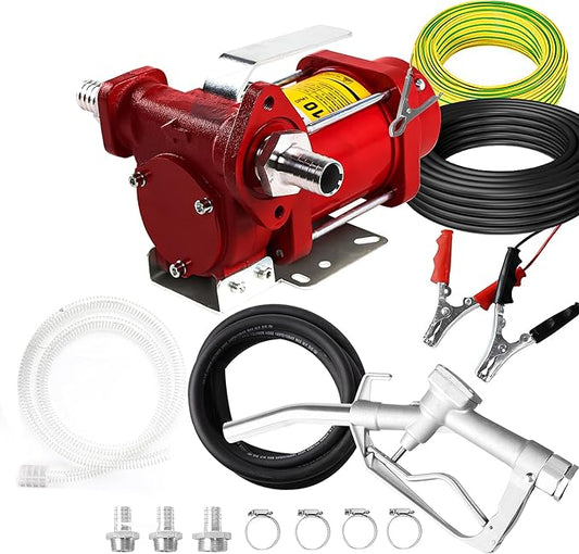 12V Fuel Transfer Pump w/Manual Nozzle & Hose, 10 GPM High Flow DC Diesel Transfer Pump, Heavy Duty Fuel Oil Transfer Pump with Hoses for Gasoline, Diesel, Kerosene & More