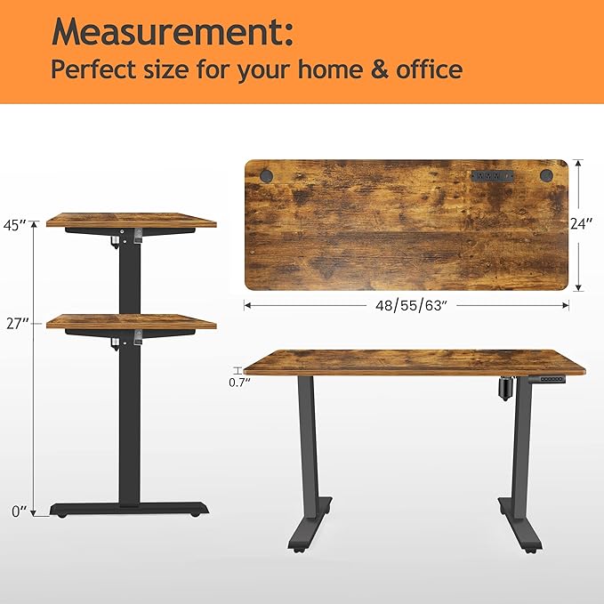 Electric Standing Desk with Wheels, 63'' x 24'' Standing Desk Adjustable Height with Charging Station, 2 USB Ports, 3 Power Outlets, 4 Caster, 27''-46'' Lifting Range Stand up Desk(Brown)
