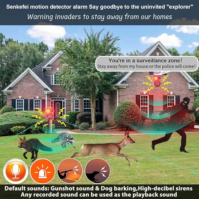 Solar Outdoor-Indoor Motion Sensor Alarm - Loud Noise Maker, Detector Strobe Lights with Alarm Sound and Barking and Gunshot Sound, Featuring Remote Control, Ideal for Homes, Cottages, and Farms.