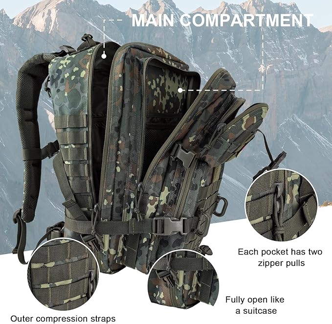 MOLLE Assault Backpack, Tactical Backpack Military Army Camping Rucksack, 3-Day Pack Trip w/USA Flag Patch, D-Rings, Flecktarn