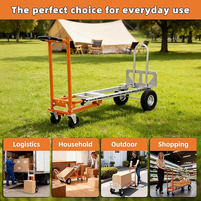 Aluminum 4 in 1 Convertible Hand Truck Dolly, 1000Lbs Capacity, Heavy Duty Folding Hand Truck Dolly Cart with Wheels 10" Solid, 2 Safety Strap, Hand Trucks for Logistics, Moving Home, Shopping, Office