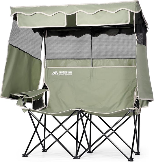 Double Camping Chair with Shade Canopy 2 Person Folding Chair with Canopy Portable Beach Chair Heavy Duty Camping Chair with Two Cup Holders and Side Pocket for Outside Camping,Beach,Sports