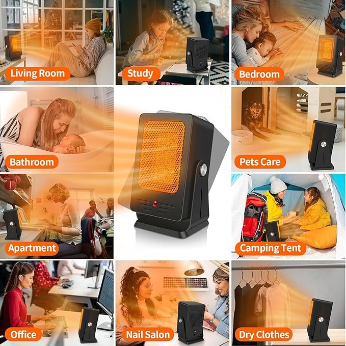 Space Heaters for Indoor Use,Desktop Small PTC Heater with 2s Fast Heating,Tip-Over&Overheat Protection,30°Adjustable Angle Portable Personal Electric Heater for Office,Bedroom
