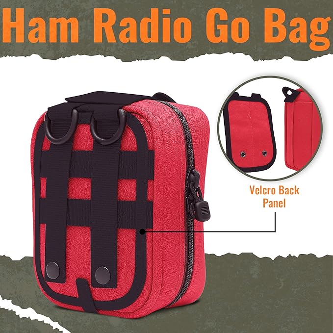 Ham Radio Go Bag in Red Colour with Tear-Away Velcro Back - Molle Compatible, Multi-Pocket Design for Radios, Cables, and Gear