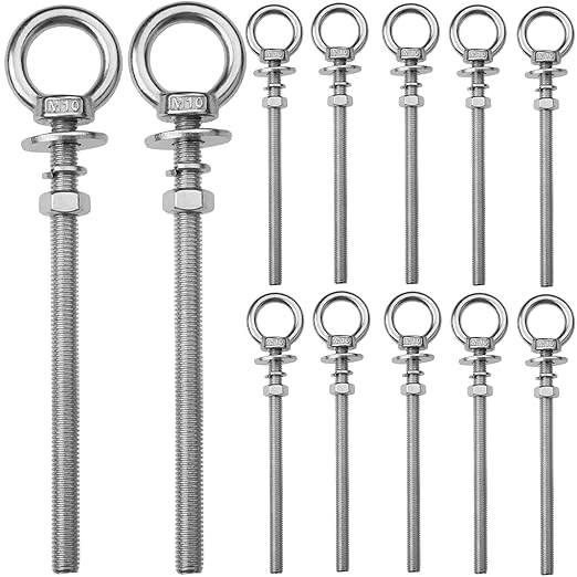 12 Pack M10 Stainless Steel Eye Bolts with Nuts, 3/8" x 6" Long Lifting Ring Eye Bolt， Eye Bolts Heavy Duty for Hang Tie Down Outdoor (12, M10x153mm (3/8"x6"))