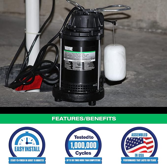 WAYNE CDU790-1/3 HP Submersible Cast Iron and Stainless Steel Sump Pump with Integrated Vertical Float Switch - Up to 4,600 Gallons Per Hour - Heavy Duty Basement Sump Pump, Black