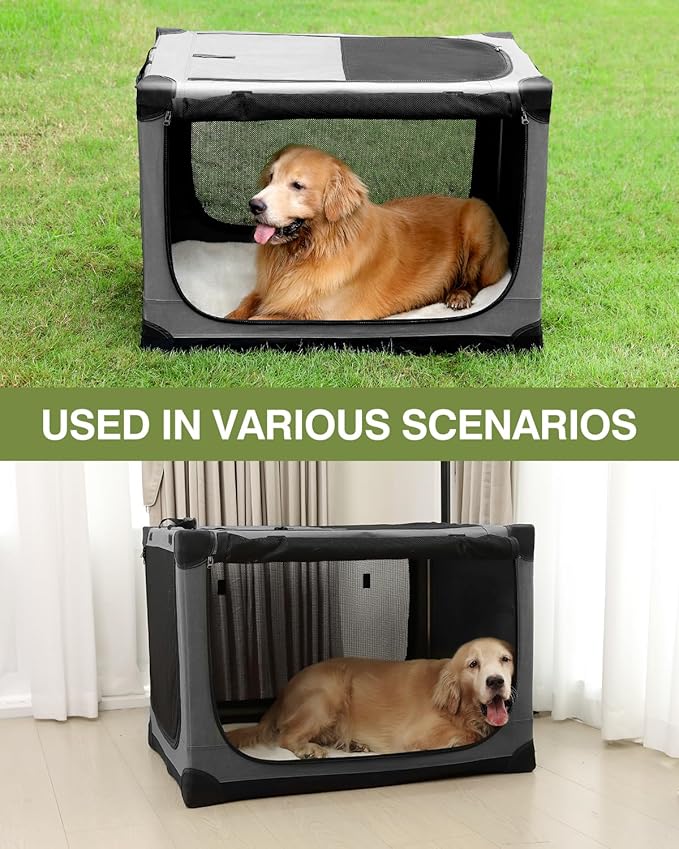 24-Inch Collapsible Travel Dog Crate, Portable 4-Door Soft Kennel for Medium to Large Dogs, Chew-Proof Mesh Windows, Indoor/Outdoor Use, Foldable, with Storage Bag (Grey)