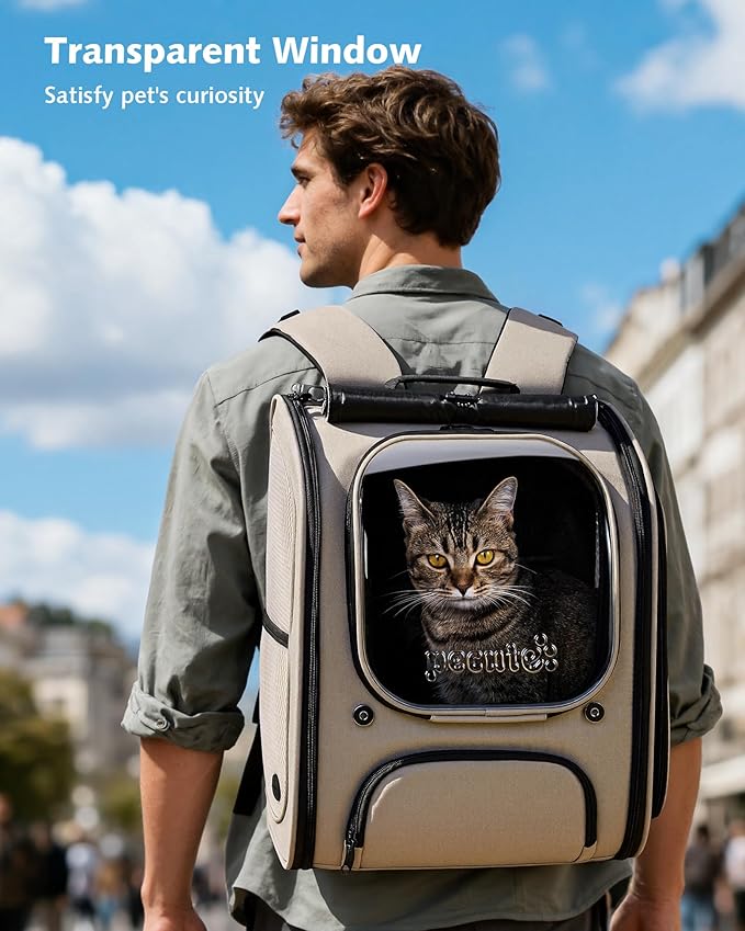 Pecute Cat Backpack Carrier Expandable, Large Space Cat Bubble Backpack, Breathable Cat Carrier, Shaded Dog Backpack Carrier for Travel, Hiking, Suitable for Shopping, and Vet, Khaki