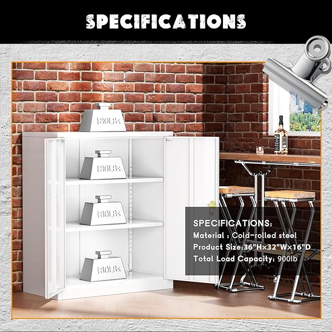 Greenvelly Metal Garage Storage Cabinet, Lockable Metal Cabinets with 2 Doors and Shelves,36”Steel Storage Locking Counter Cabinet for Office,Garage,Kitchen,Home,School(White)