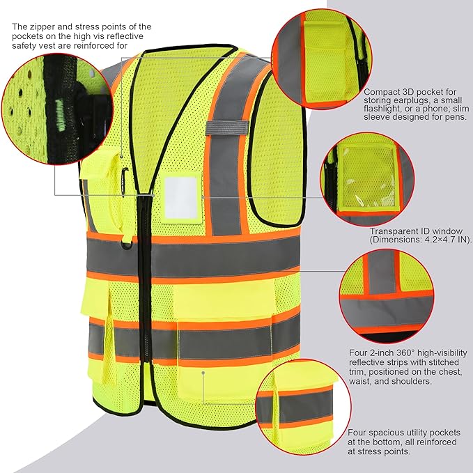 A-SAFETY Mesh High Vis Vest Lightweight Reflective Construction Vest with Pockets Safety Vest for Men/Women