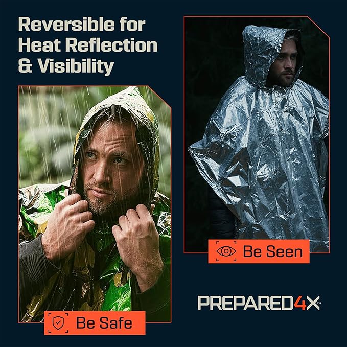 PREPARED4X Emergency Poncho and Mylar Blanket Liner - Waterproof, Wind-Resistant Outdoor Rain Poncho for Camping, Emergencies