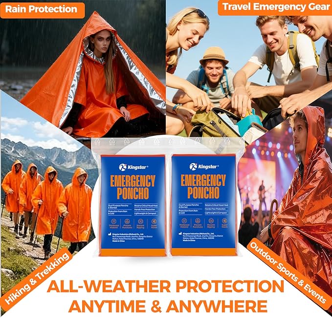 2 Pack Emergency Mylar Poncho, Waterproof Rain Ponchos, Reusable Packable Ponchos, Survival Blanket Poncho for Outdoor Camping & Hiking, Rescue, Car Emergency Kit, Shelter/Tent Cover