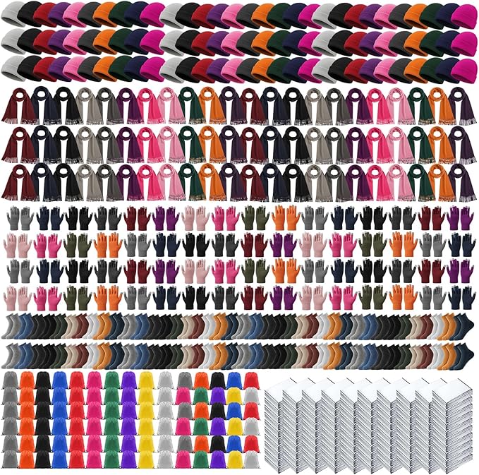 600 Pcs Homeless Care Package Supplies Bulk Winter Emergency Blankets Beanies Hat Gloves Scarves Socks Drawstring Bags for Men Women Cold Weather Camping Outdoor Survival Kit (10 Colors)