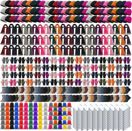 600 Pcs Homeless Care Package Supplies Bulk Winter Emergency Blankets Beanies Hat Gloves Scarves Socks Drawstring Bags for Men Women Cold Weather Camping Outdoor Survival Kit (10 Colors)