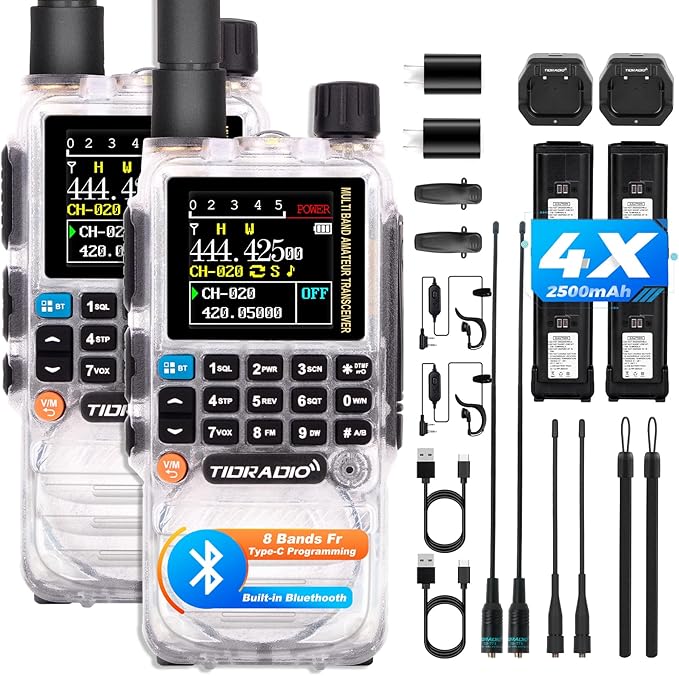 TIDRADIO TD-H3 Ham Radio Type C & Wireless Programming(4PCS Batteries)，8-Band Long Range Walkie Talkies Rechargeable Handheld Portable Full-Featured 2 Way Radios- Crystal, Full Kit