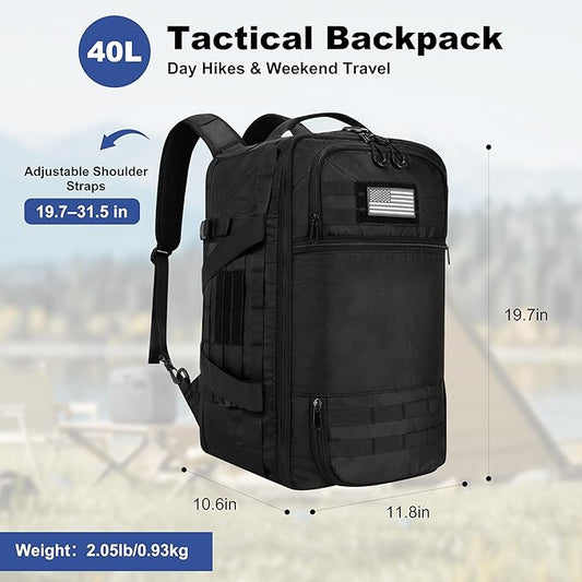 40L Military Tactical Backpack for Men 3 in 1 with MOLLE System Waterproof 600D Black Backpack for Travel Outdoor Sports Camping and Weekend Trips (Black)