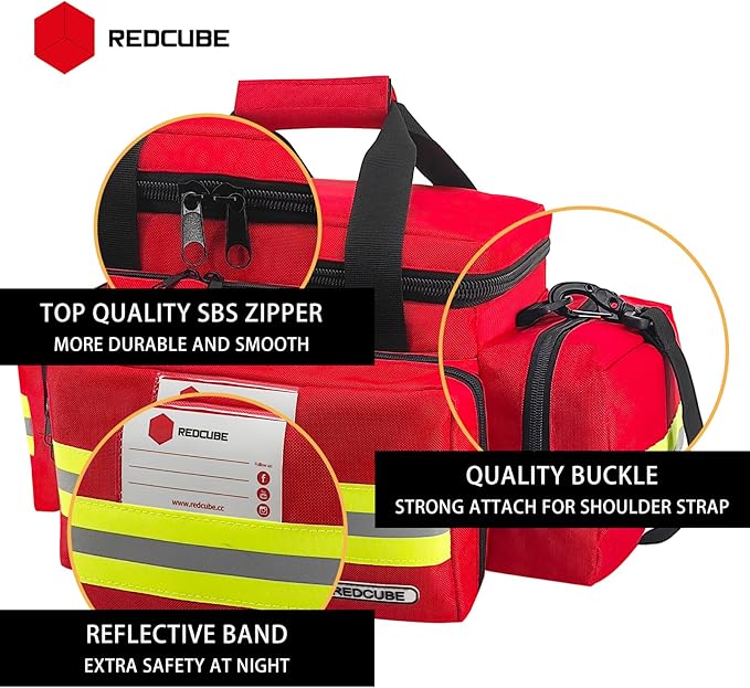 REDCUBE Emergency Bag - First Aid Bags Empty - First Responder Bag for Trauma, Professional Multiple Compartment Kit Carrier For Emergency Medical Supplies (Red)