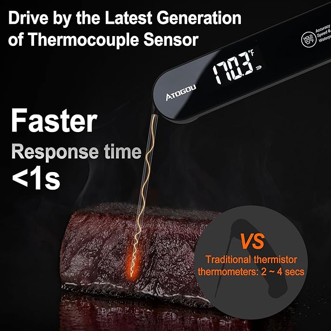 Atogou The Latest Thermocouple Food Thermometer. Faster: <1 Second Response time. More Accurate: ±0.5°F (0.3°C), IPX7 Waterproof, for Meat/Candy/Grill/BBQ etc. TH-22 Black