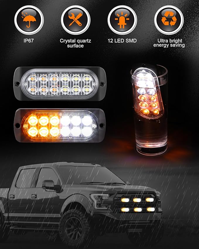 Leelosp 8 Pcs 12 LED Strobe Lights for Tow Trucks Construction Vehicles Surface Mount Emergency Hazard Beacon Safety Warning Lamps Flashing 12-24V Grille Head for Car Accessories (Amber and White)