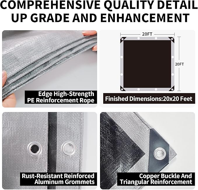 Tarp Heavy Duty 20x20ft Waterproof Tarps,10mil Uv Resistant,Multipurpose Silver/Black Tarps for Cars,Camping,Roof,Ship,Garden.by-MVPNET