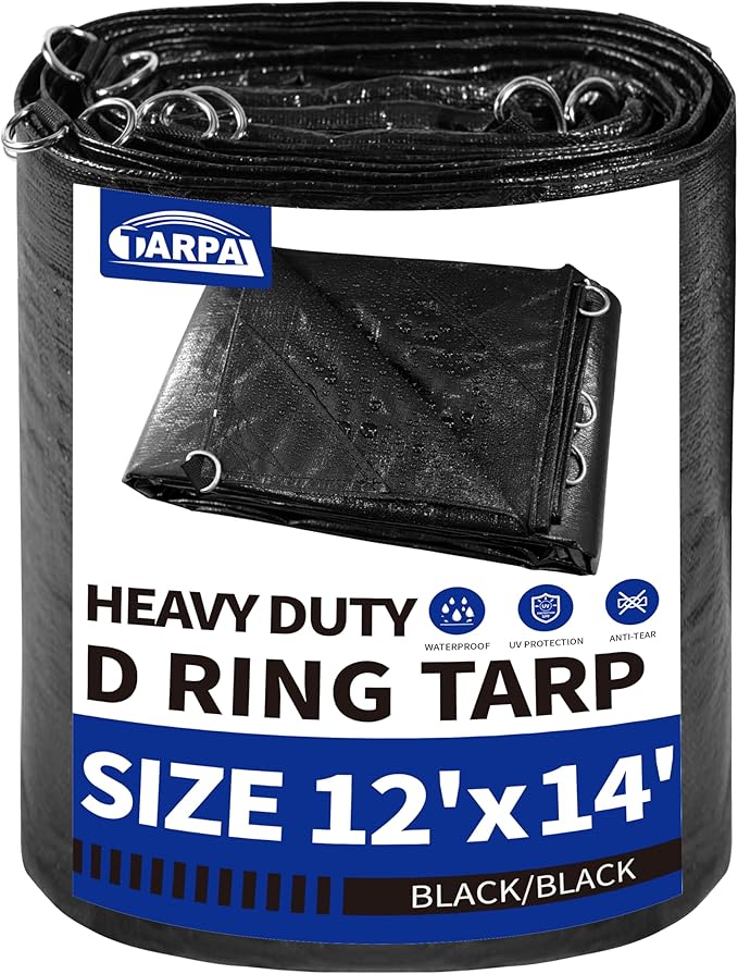 TARPAL Tarp 12x14 Feet Heavy Duty Tarps 14mil D-Ring Waterproof Tarp for Outdoors UV Protection Triangular Sewing Design Reinforced Corners and Edges（Black）