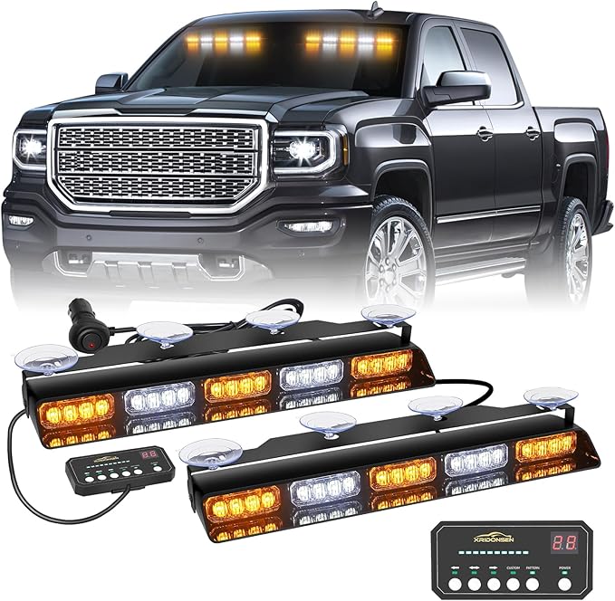XRIDONSEN 2x 17 inch Emergency Dash Strobe Lights for Trucks Interior Front/Rear Windshield Lights 40 LED Amber White Safety Warning Hazard Lights w/Controller for Plow Trucks Construction Vehicles