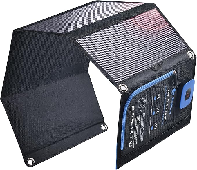BigBlue Portable Solar Charger 28W with Digital Ammeter,25.4% High-Efficiency, USB-A/USB-C Ports, Folding Waterproof Solar Panels with Carabiners for Camping, Backpacking, Phones, Tablets, Power Bank