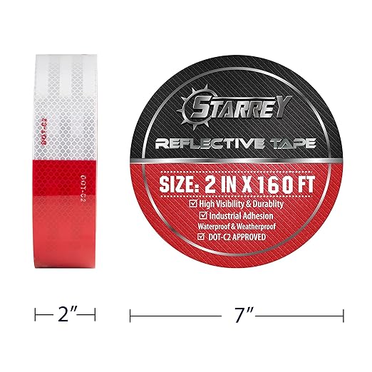 DOT-C2 Reflective Tape 2 in X 160 FT Red White Waterproof Self Adhesive Trailer Tape Outdoor Safety Caution Reflector Conspuicy for Trailers, Vehicles, Boats, Signs