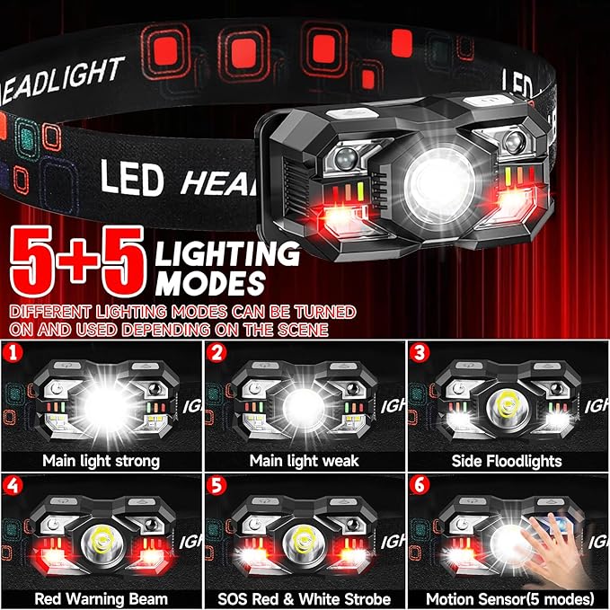 Headlamp Rechargeable 12Pack, 3000 Lumen Ultra-Light Bright Headlamp Flashlight with White Red Light, LED Headlight Motion Sensor, 5+5 Mode for Outdoor Camping Fishing Running Hiking (12)