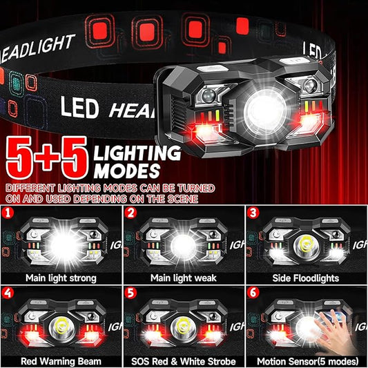 Headlamp Rechargeable 12Pack, 3000 Lumen Ultra-Light Bright Headlamp Flashlight with White Red Light, LED Headlight Motion Sensor, 5+5 Mode for Outdoor Camping Fishing Running Hiking (12)