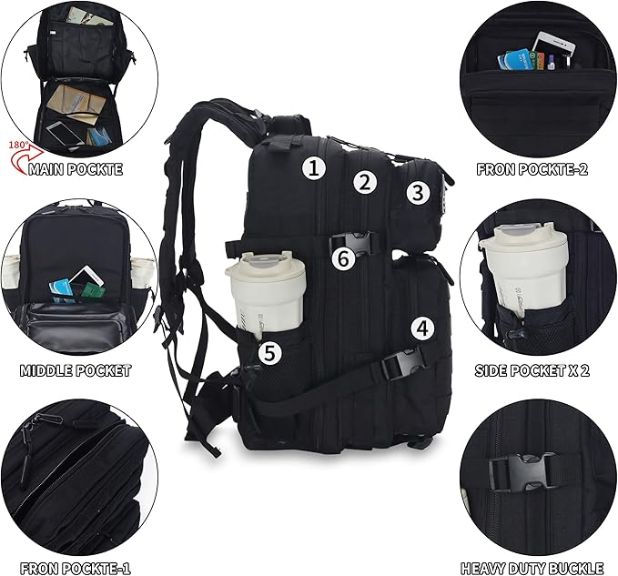 25L Tactical Backpack for Men and Women Small Military Tactical Backpack Heavy Duty Molle Assault Pack Daypack for Hiking Camping Travel Work Gym Outdoors (Black)